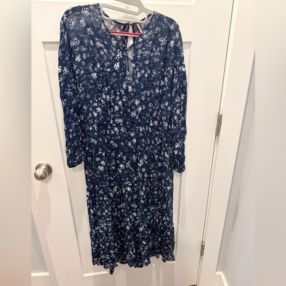 Free People Navy Blue Floral Midi Dress XS Long Sleeve Boho Peasant